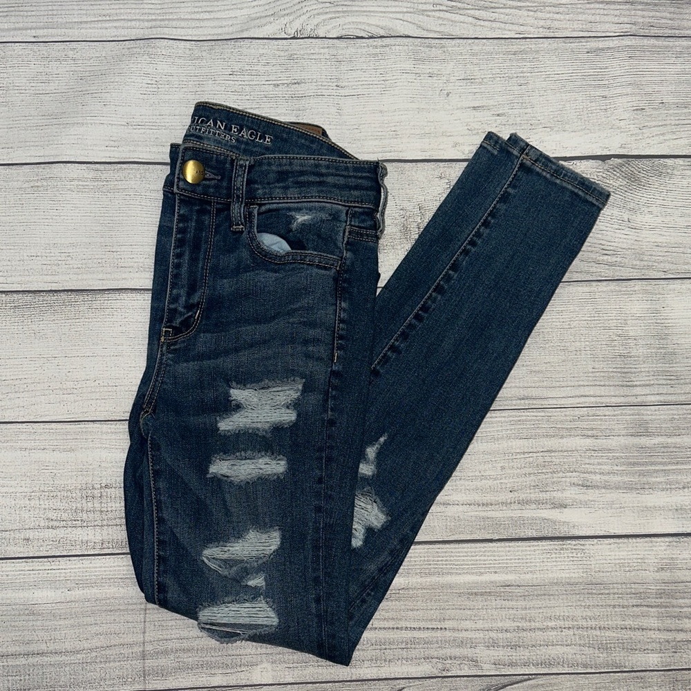 American Eagle Outfitters Dark Distressed High‎ Waisted Jeggings | 2
